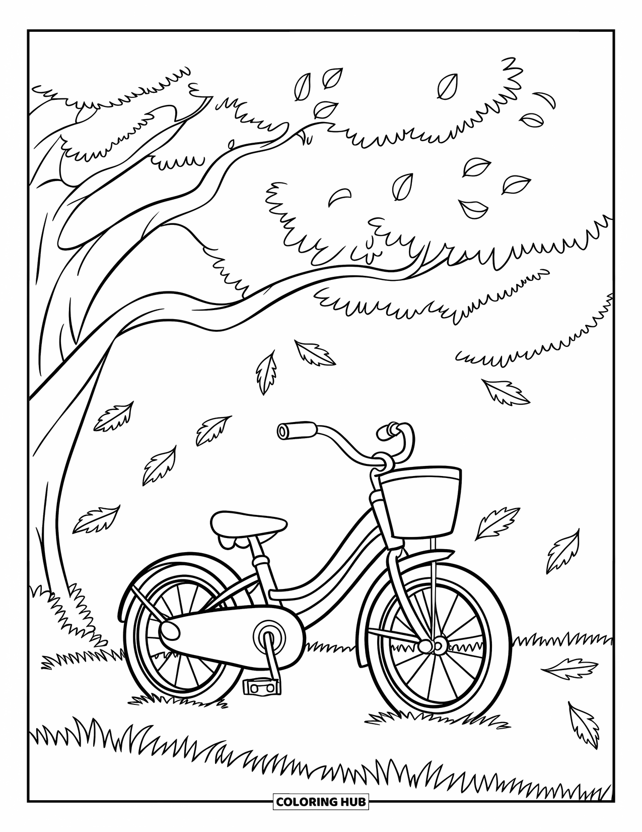 Bike Coloring Page for Kids: A child's bike with basket under a big tree with falling leaves on grassy ground