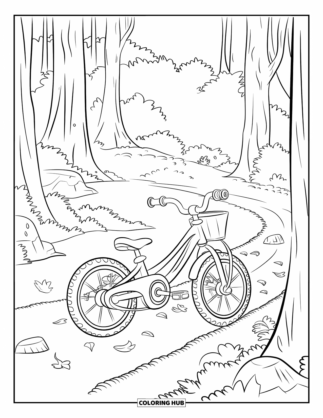 Bike Coloring Page for Kids: A child's mountain bike with basket and bell on a forest trail with dense trees
