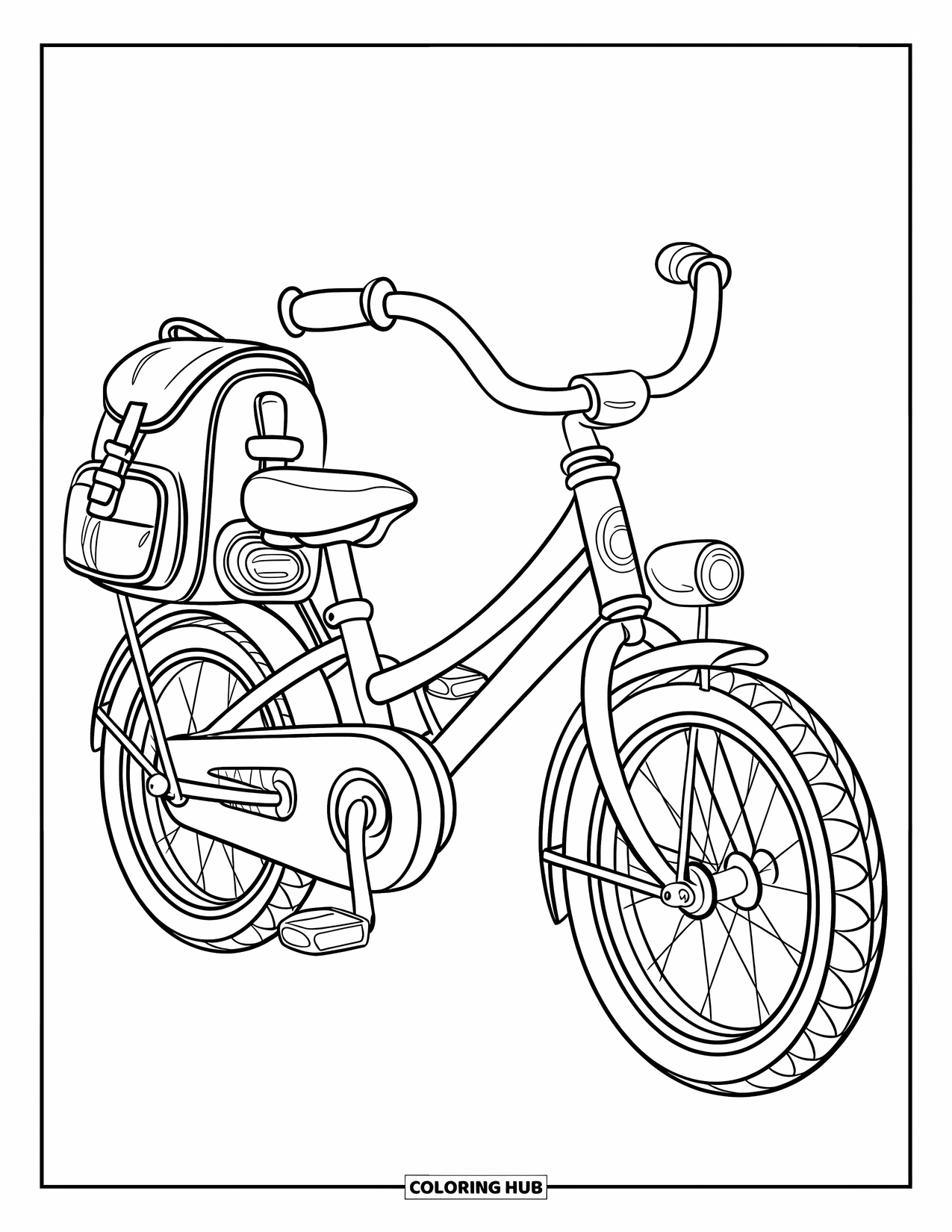 Bike Coloring Page for Kids: A classic kids' bike with water bottle holder and backpack strapped behind