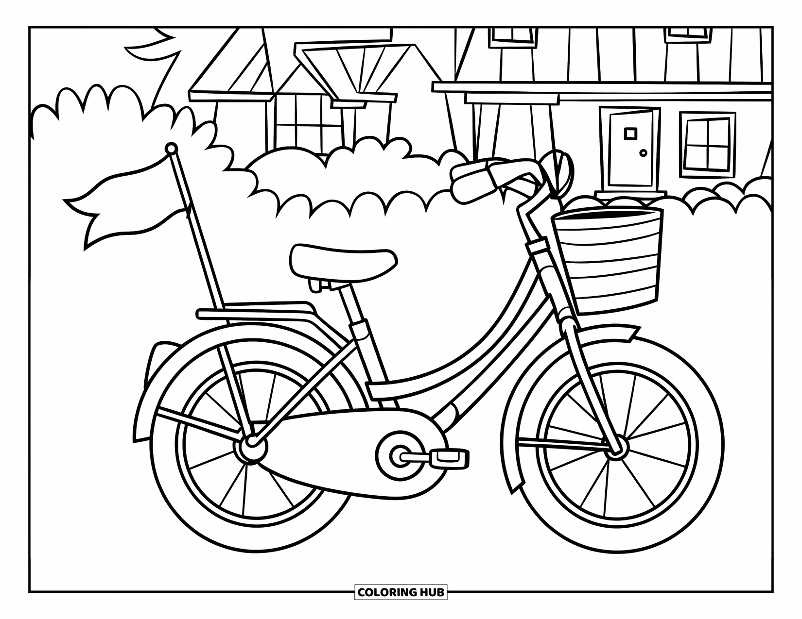 Bike Coloring Page for Kids: A cute bike with a tiny flag parked near a house