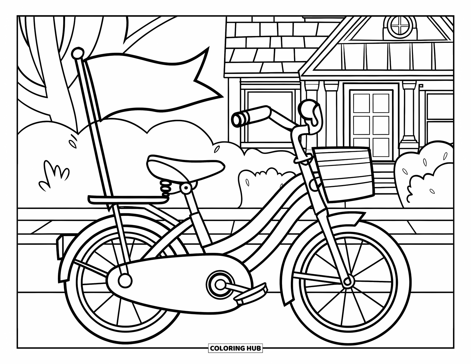 Bike Coloring Page for Kids: A cute bike with tiny flag by a house, cheerful and playful in style