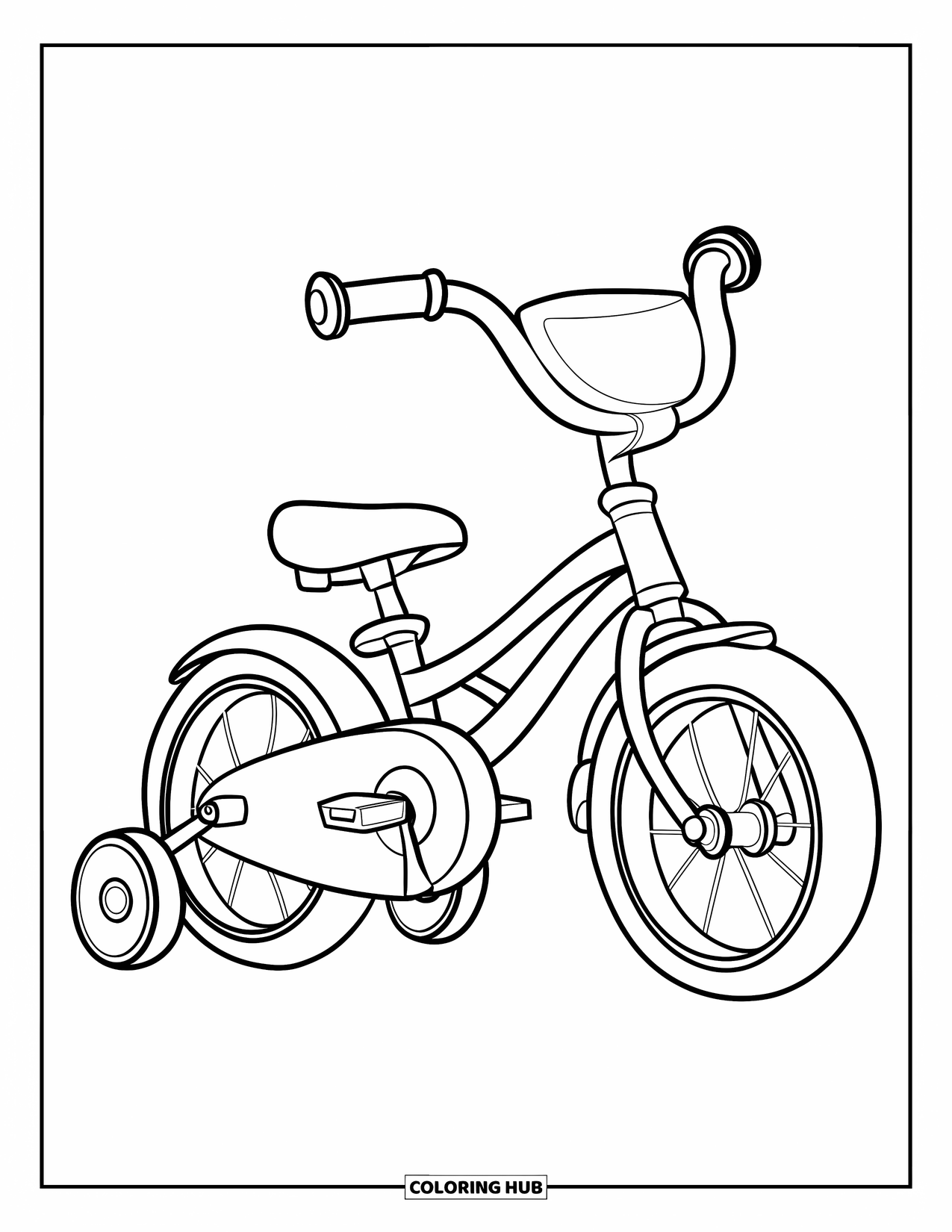 Bike Coloring Page for Kids: A cute kids' bike with training wheels and a big comfy seat