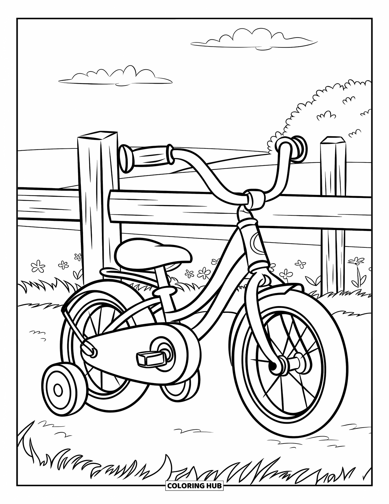Bike Coloring Page for Kids: A cute kids' bike with training wheels near a fence, flowers, and a clear sky