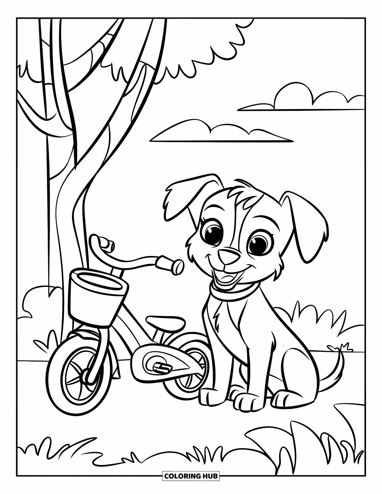 Bike Coloring Page for Kids: A friendly puppy with floppy ears beside a kids' bike near grass and clouds