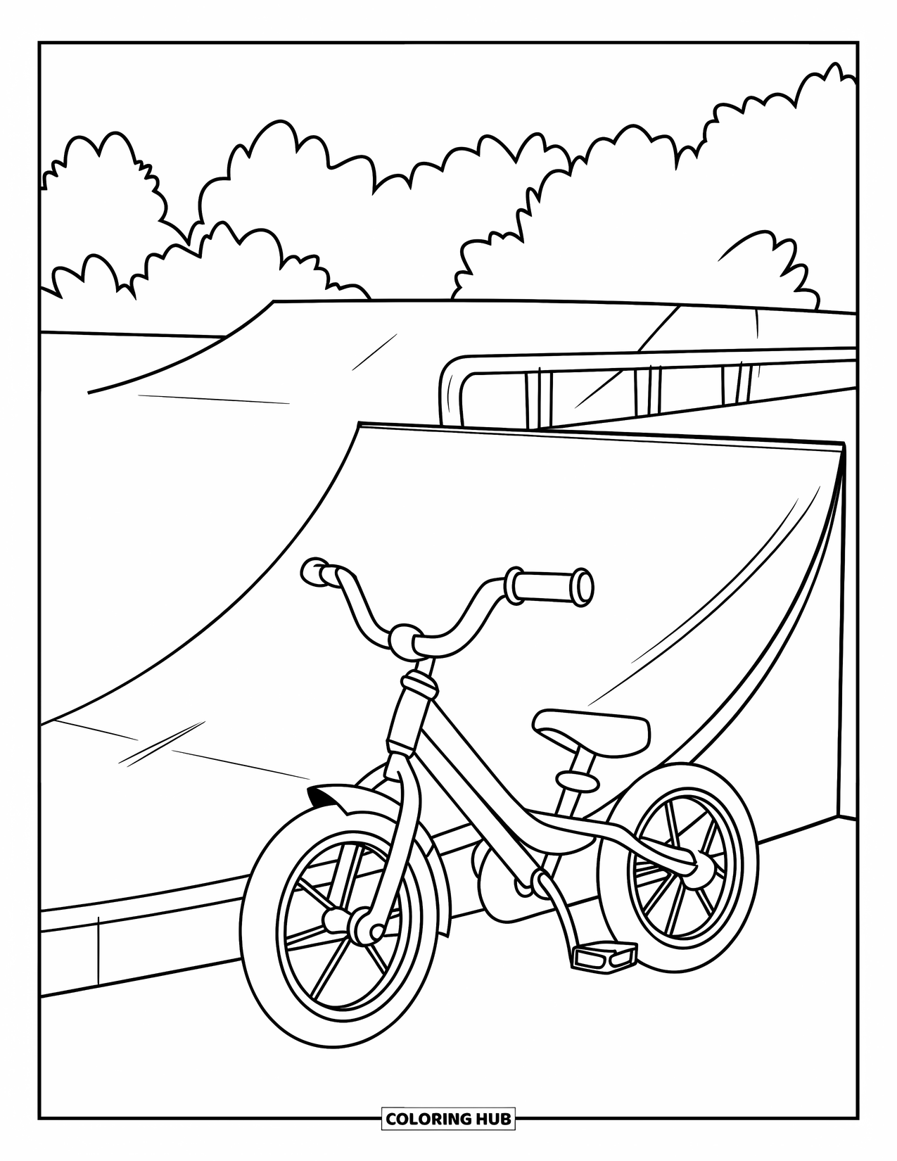 Bike Coloring Page for Kids: A kids' bike parked beside a curved skate park ramp with trees behind