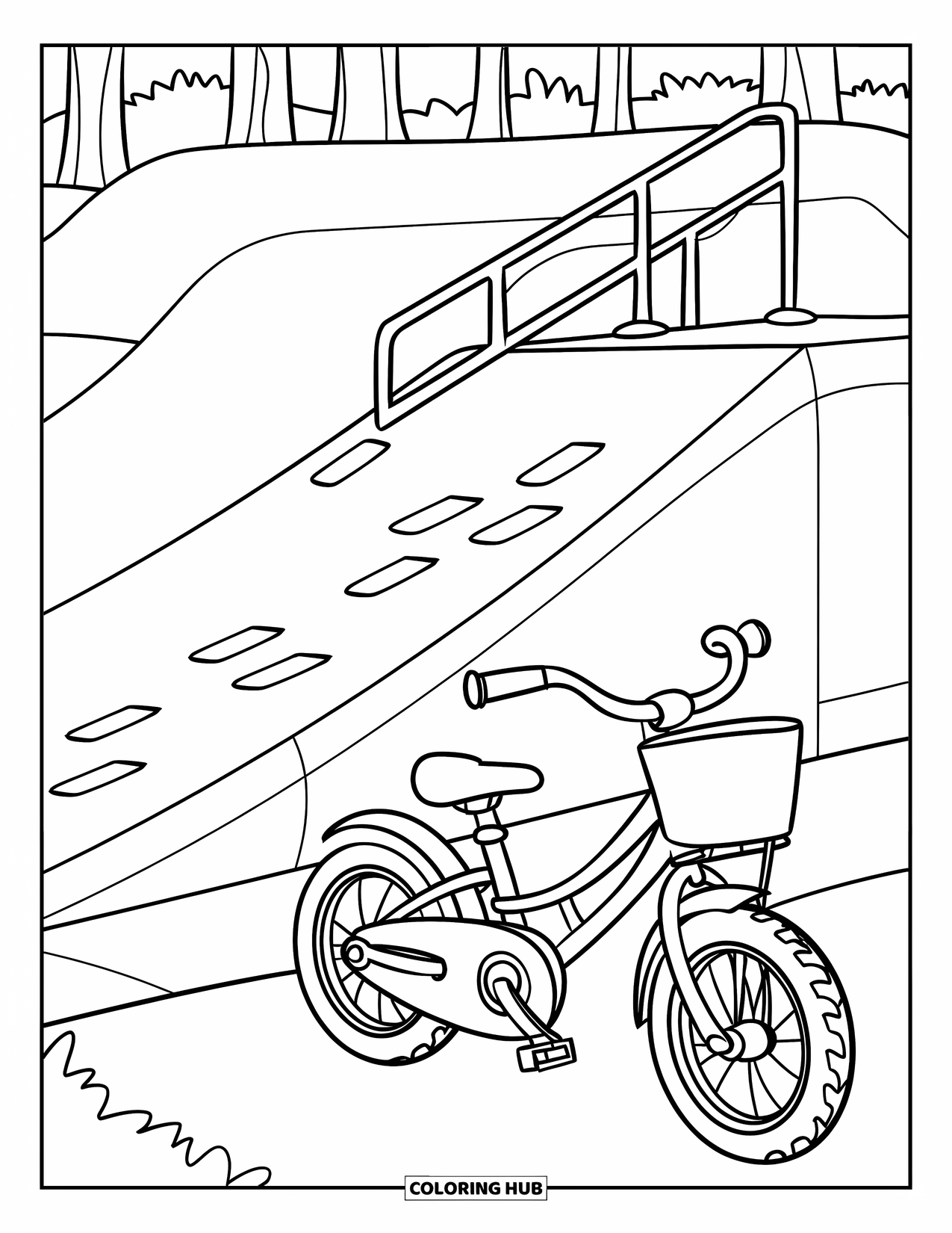Bike Coloring Page for Kids: A kids' bike with basket and bell parked next to a skate park ramp
