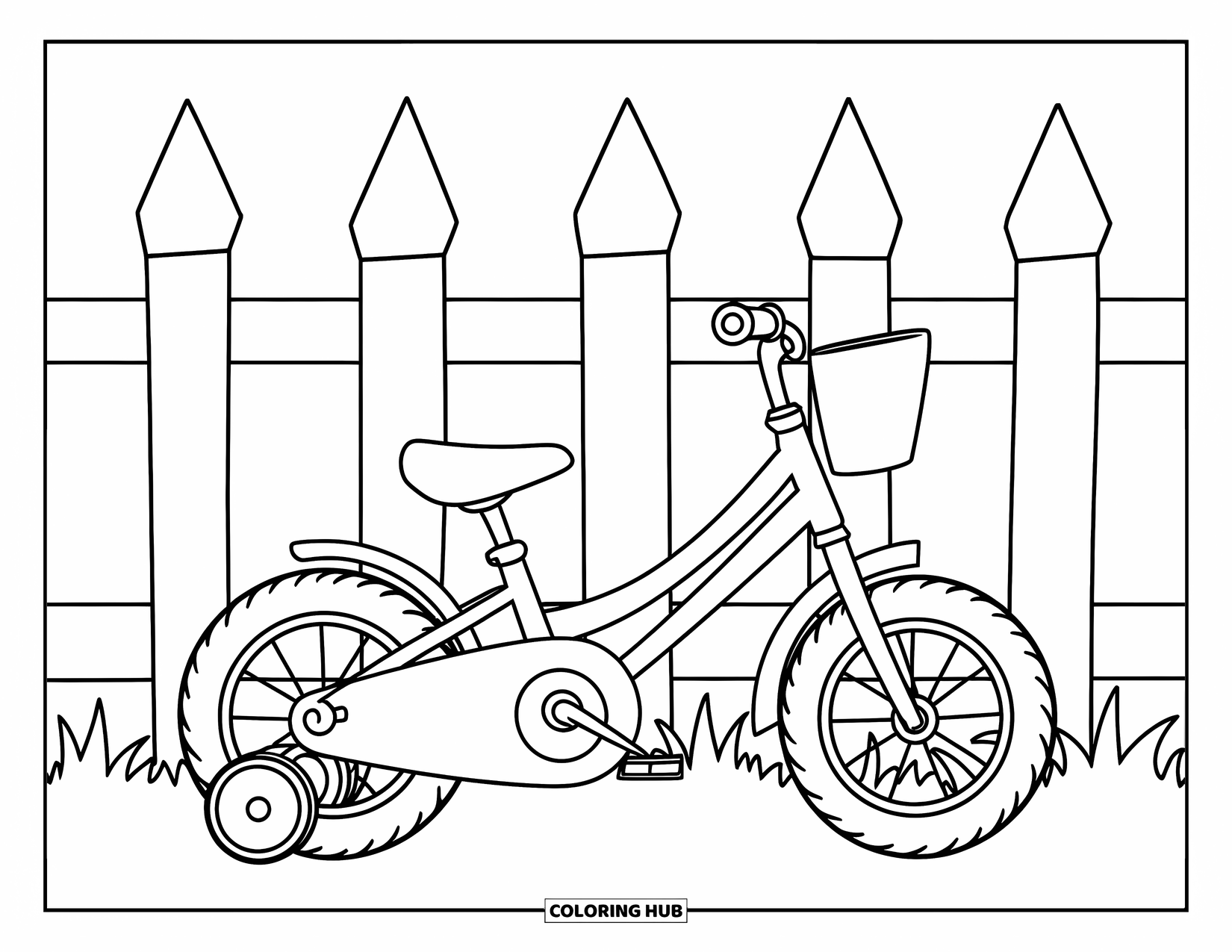 Bike Coloring Page for Kids: A kids' bike with basket and training wheel next to a picket fence and grass