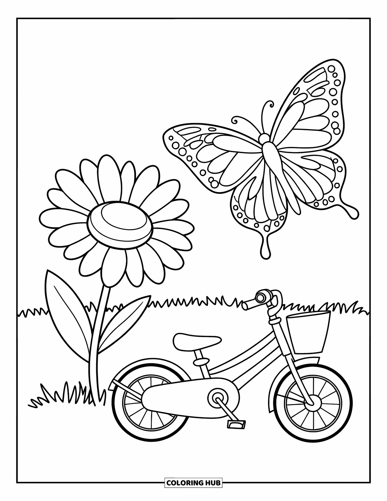 Bike Coloring Page for Kids: A kids' bike with basket beside a big flower and butterfly in a grassy field