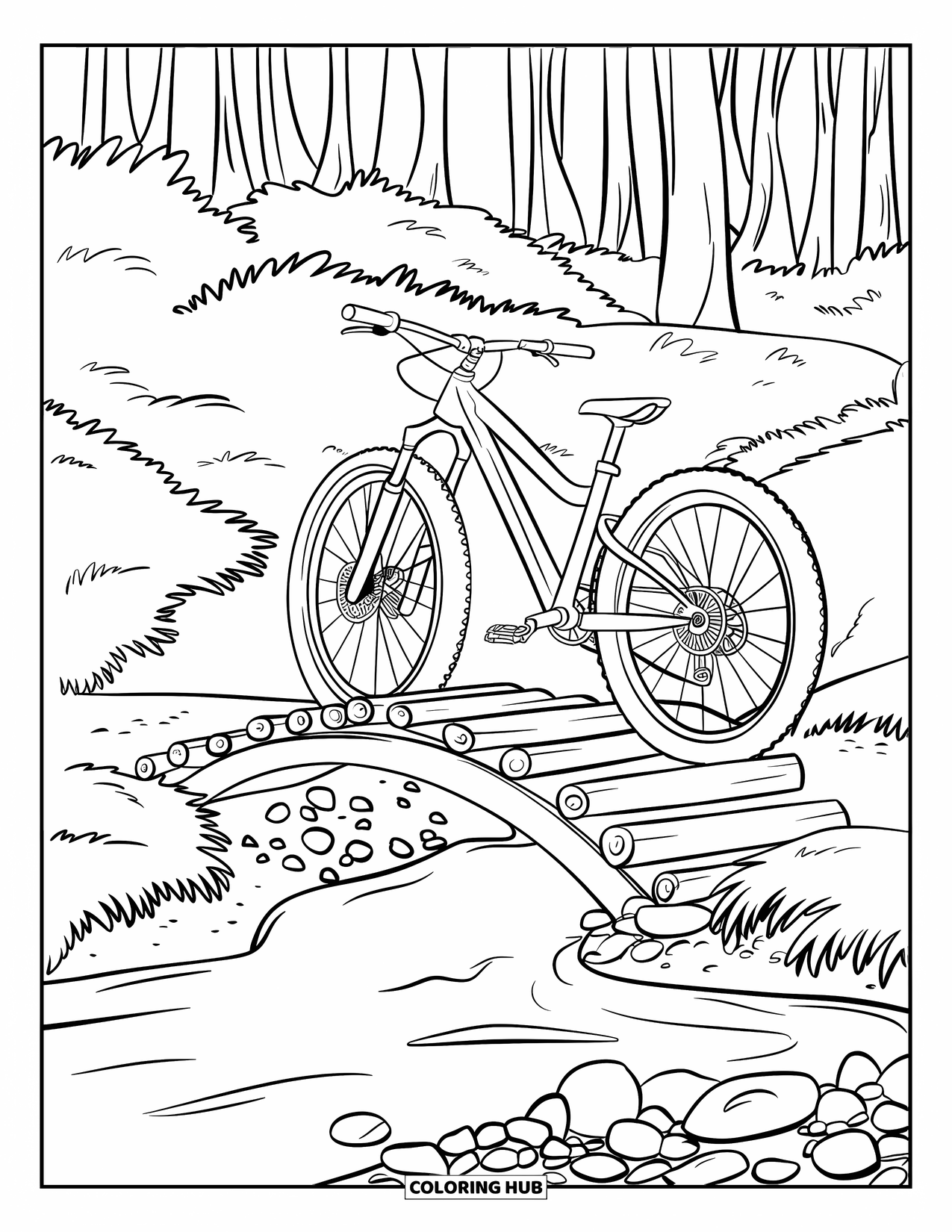 Bike Coloring Page for Kids: A mountain bike beside a wooden bridge over a creek in a forest