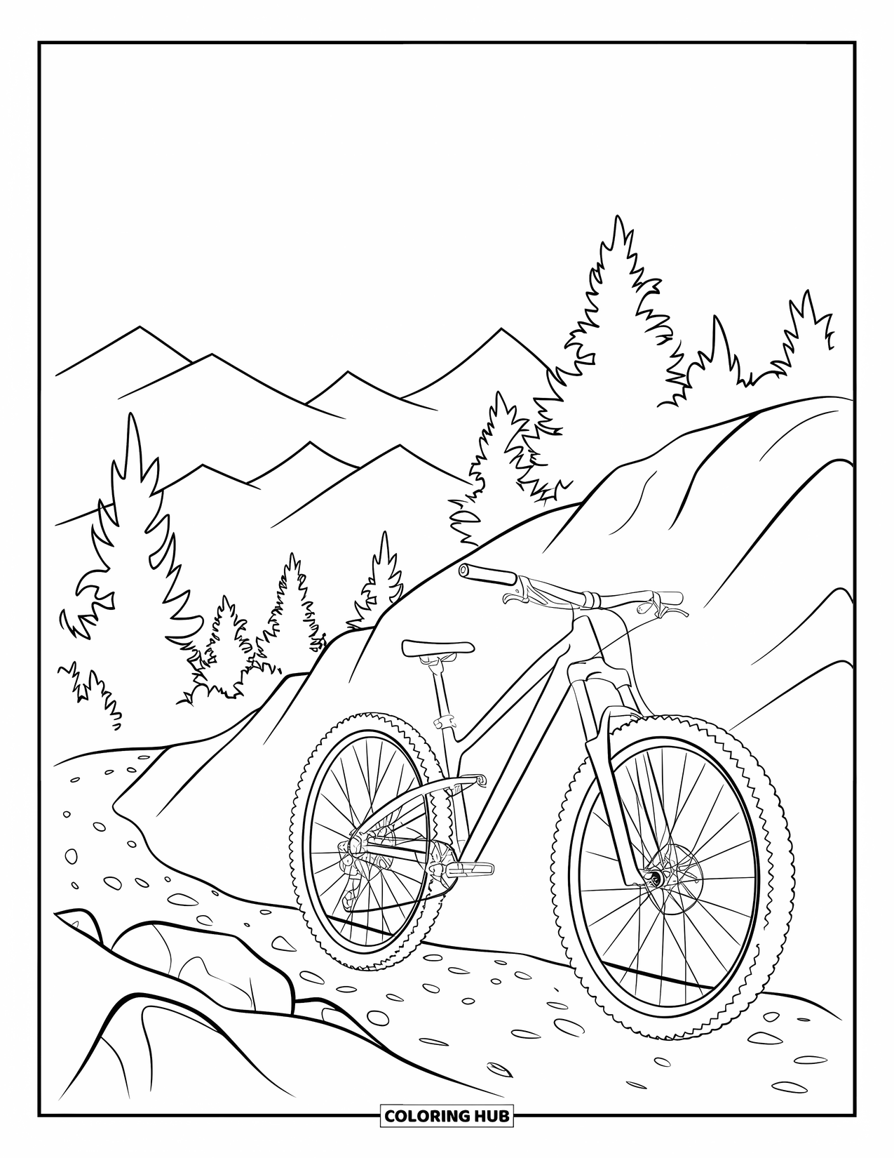Bike Coloring Page for Kids: A mountain bike leaning on a rocky trail with trees and mountains in the distance