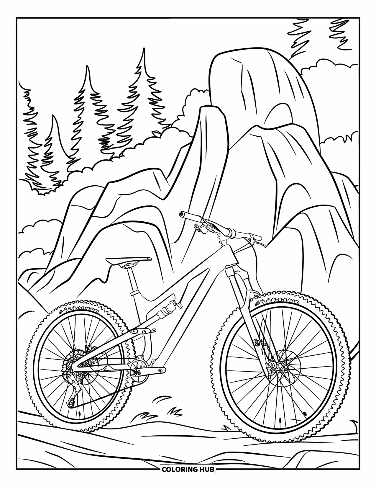 Bike Coloring Page for Kids: A mountain bike resting on a rocky trail with distant trees behind