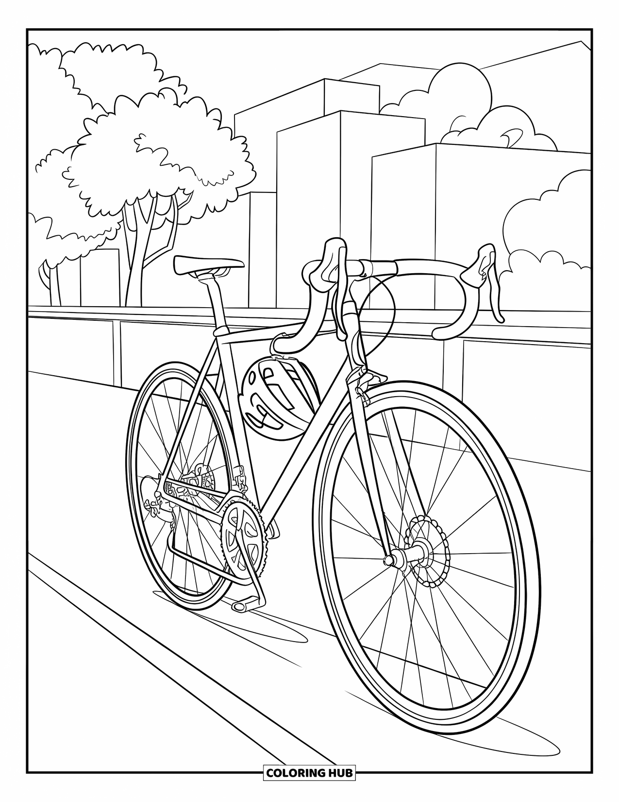 Bike Coloring Page for Kids: A road bike with helmet hanging from handlebars on a lane near trees and buildings