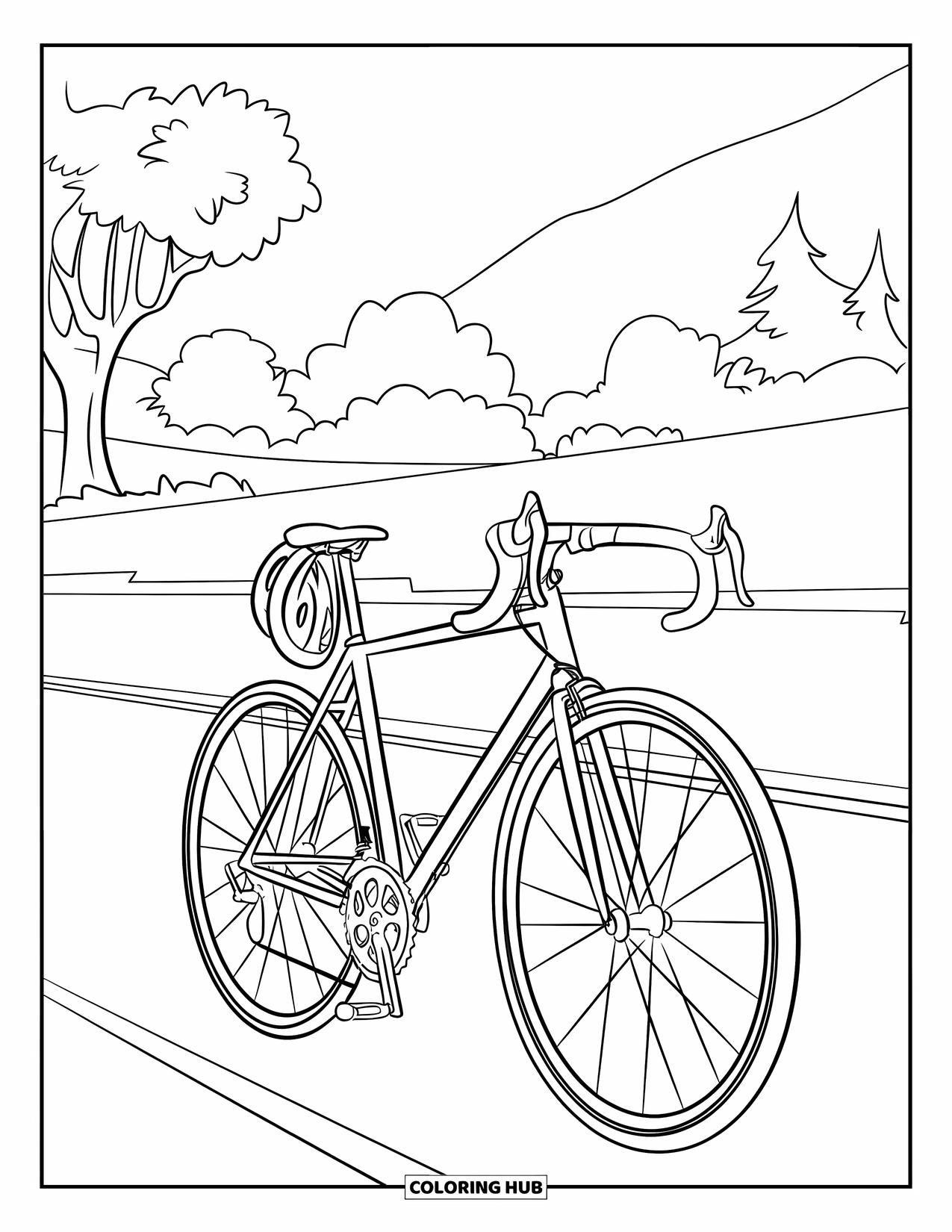 Bike Coloring Page for Kids: A road bike with helmet on handlebars riding along a bike lane near trees and mountains