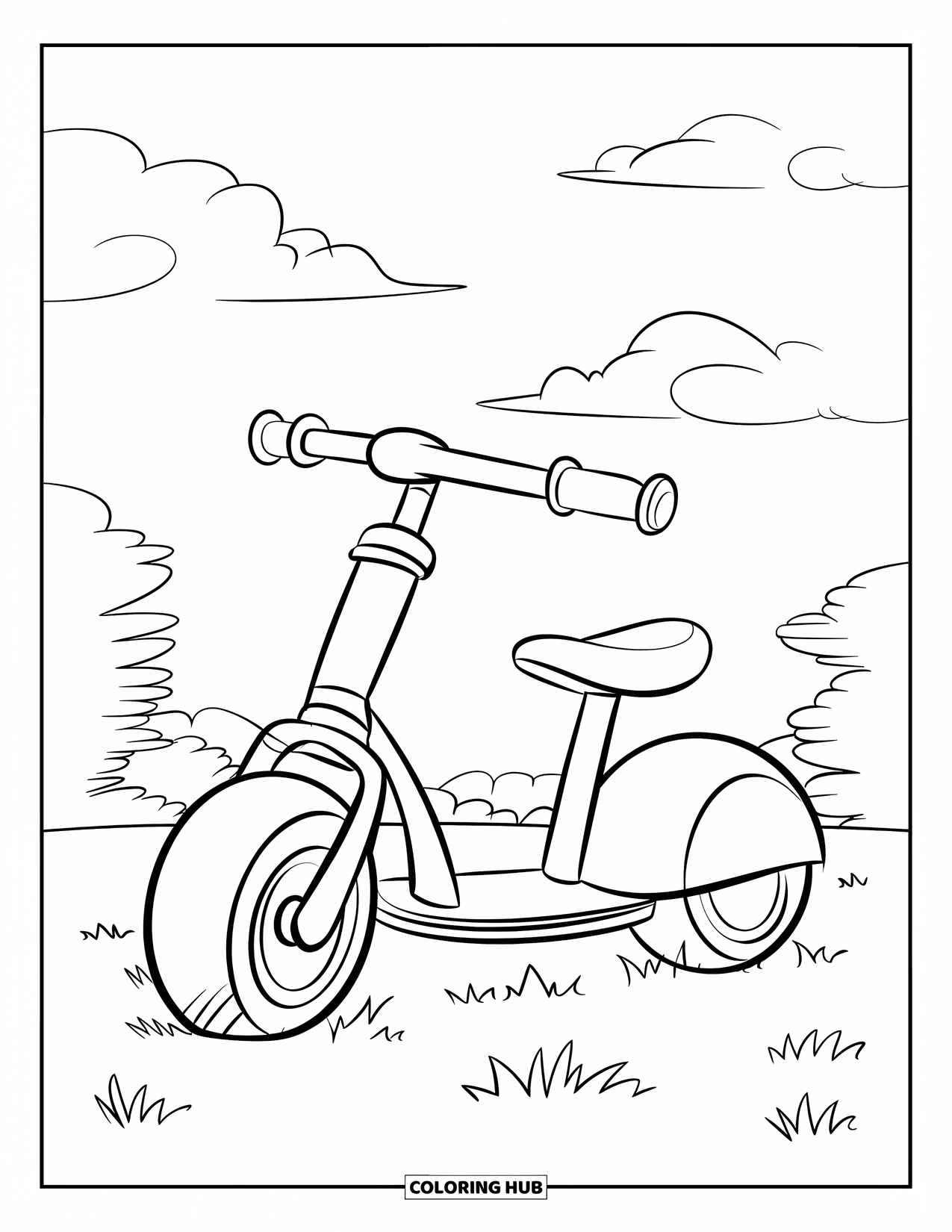 Bike Coloring Page for Kids: A scooter-style bike with wide tires parked on grass with trees and clouds