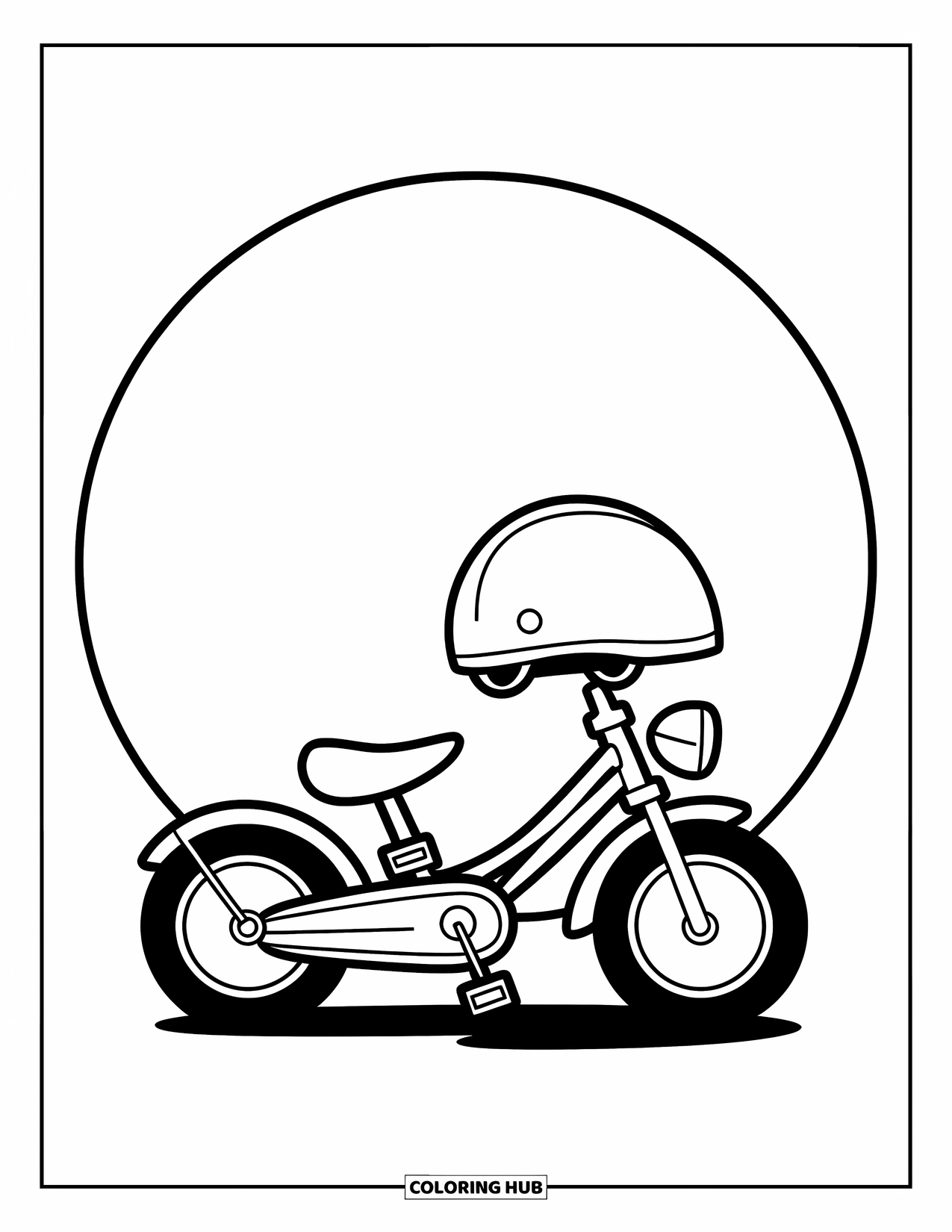 Bike Coloring Page for Kids: A tiny bike with cute helmet resting on the seat inside a white circle