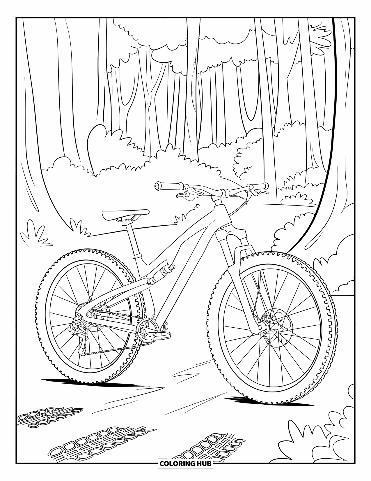 Bike Coloring Page for Kids: A trail bike parked by a forest path with tire tracks and trees