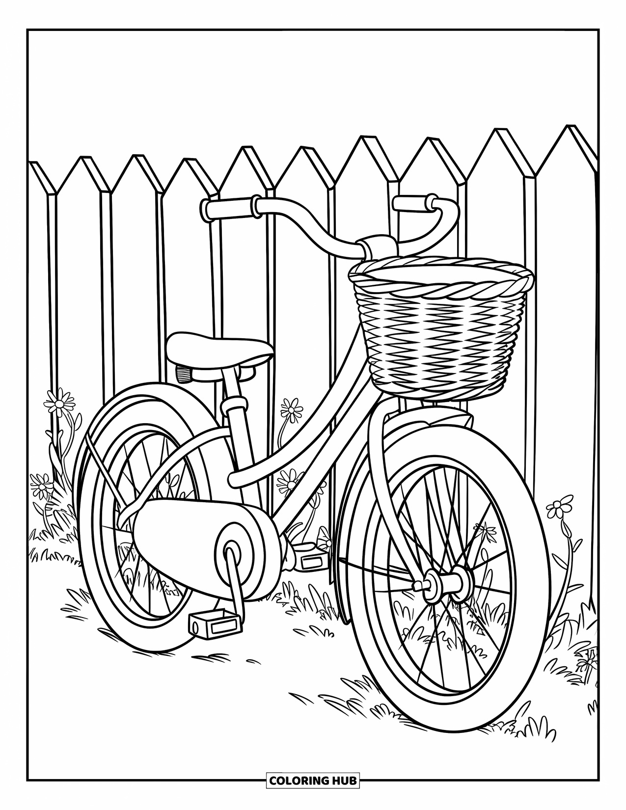 Bike Coloring Page for Kids: An adorable bike with basket and bell parked by a picket fence in a field
