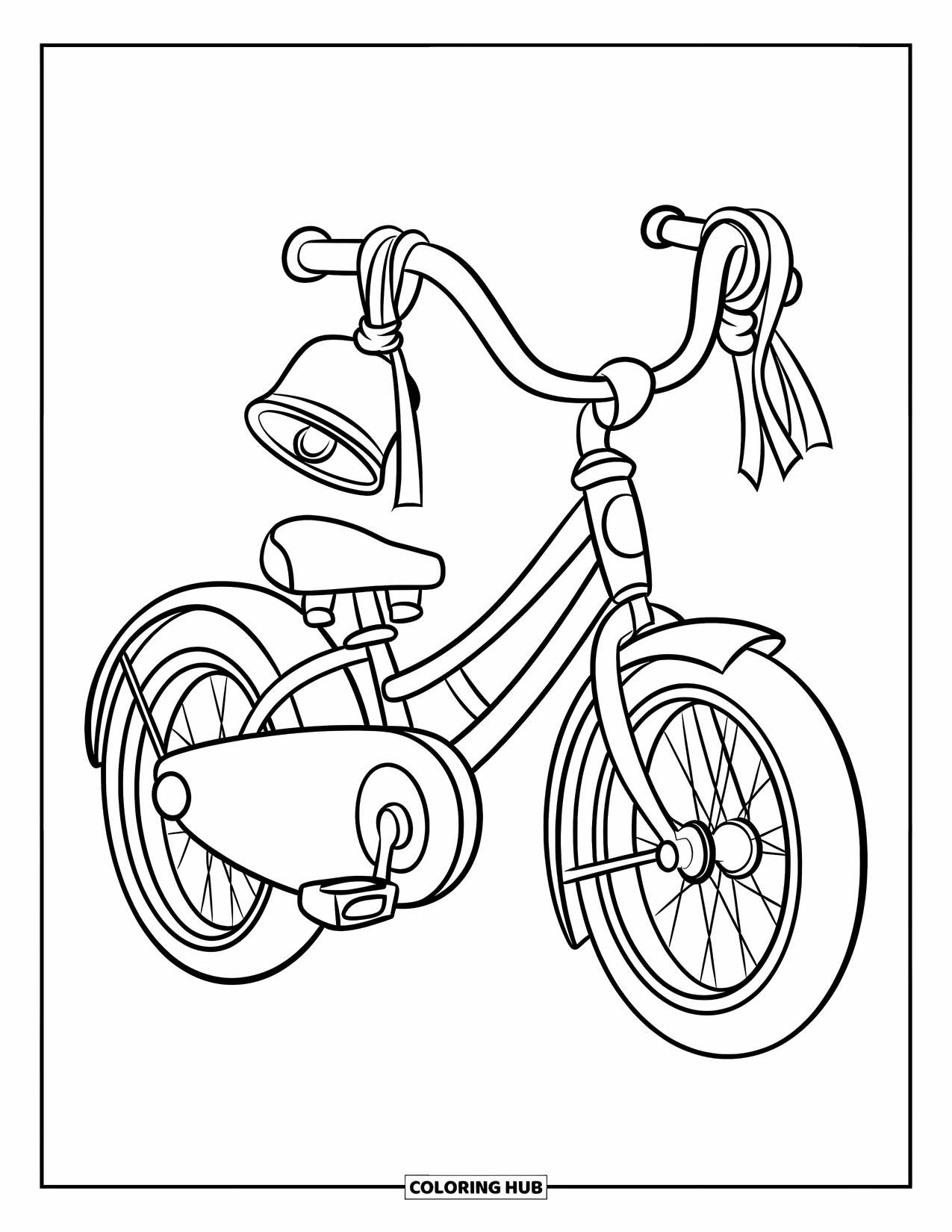 Bike Coloring Page for Kids: An adorable bike with round bell and streamers on the handles