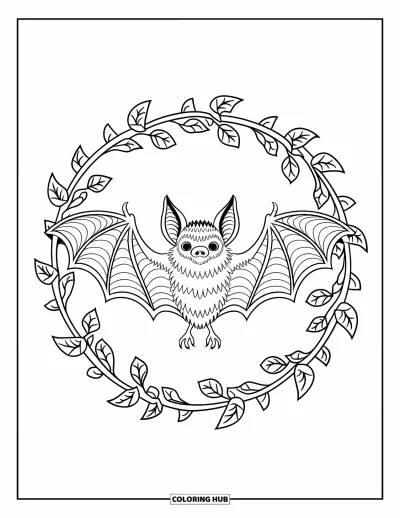 Coloriage noir pour adultes : Une chauve-souris est suspendue à une branche dans un mandala de vignes et de feuilles