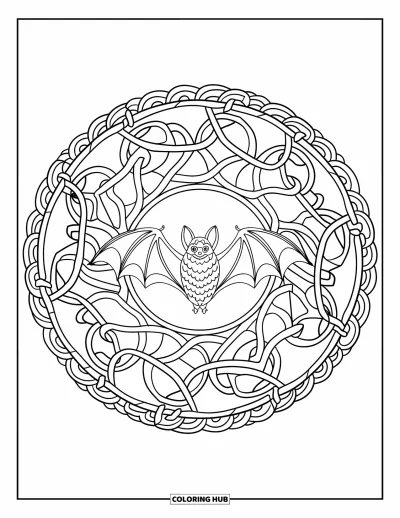 Coloriage noir pour adultes : Une chauve-souris déploie ses ailes au centre d'un mandala de vignes