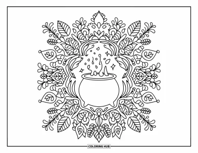 Coloriage noir pour adultes : Un chaudron bouillonnant est encadré par un mandala symétrique de plantes