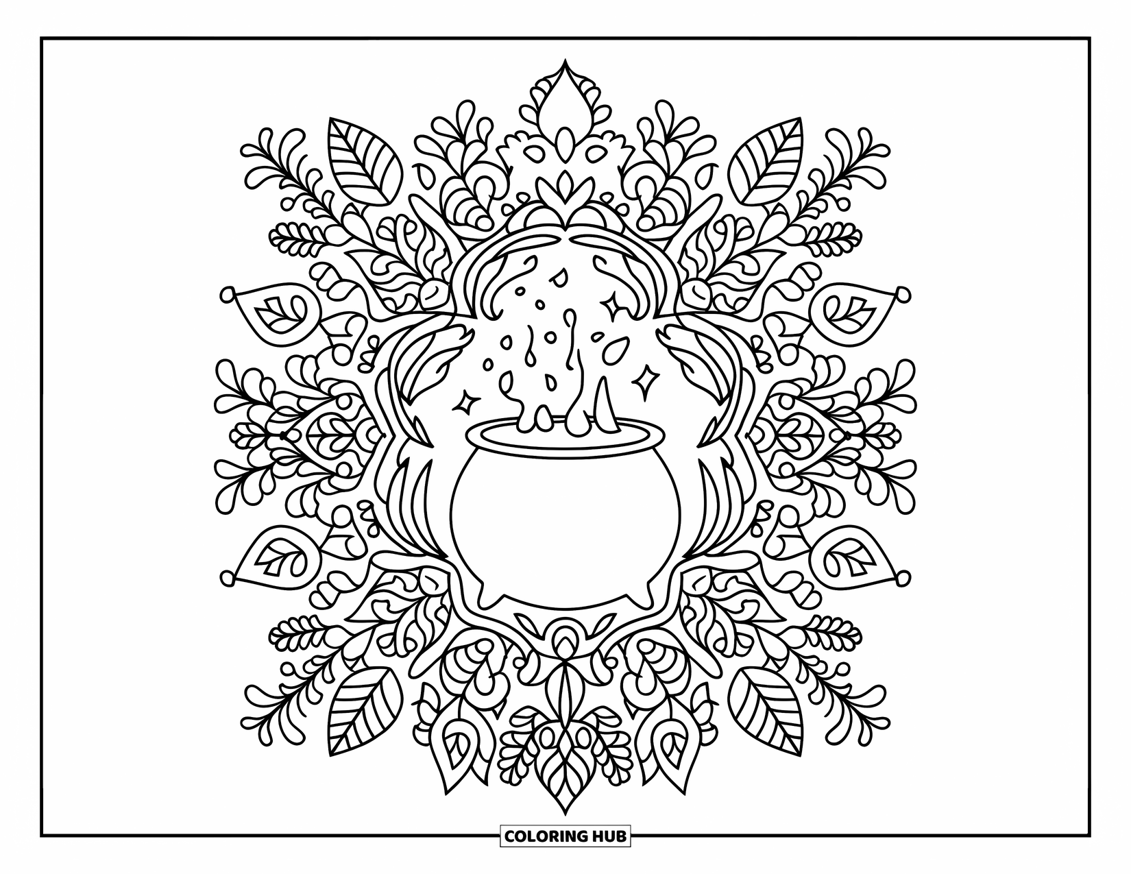 Black Coloring Page for Adults: A bubbling cauldron is framed by a symmetrical mandala of plants