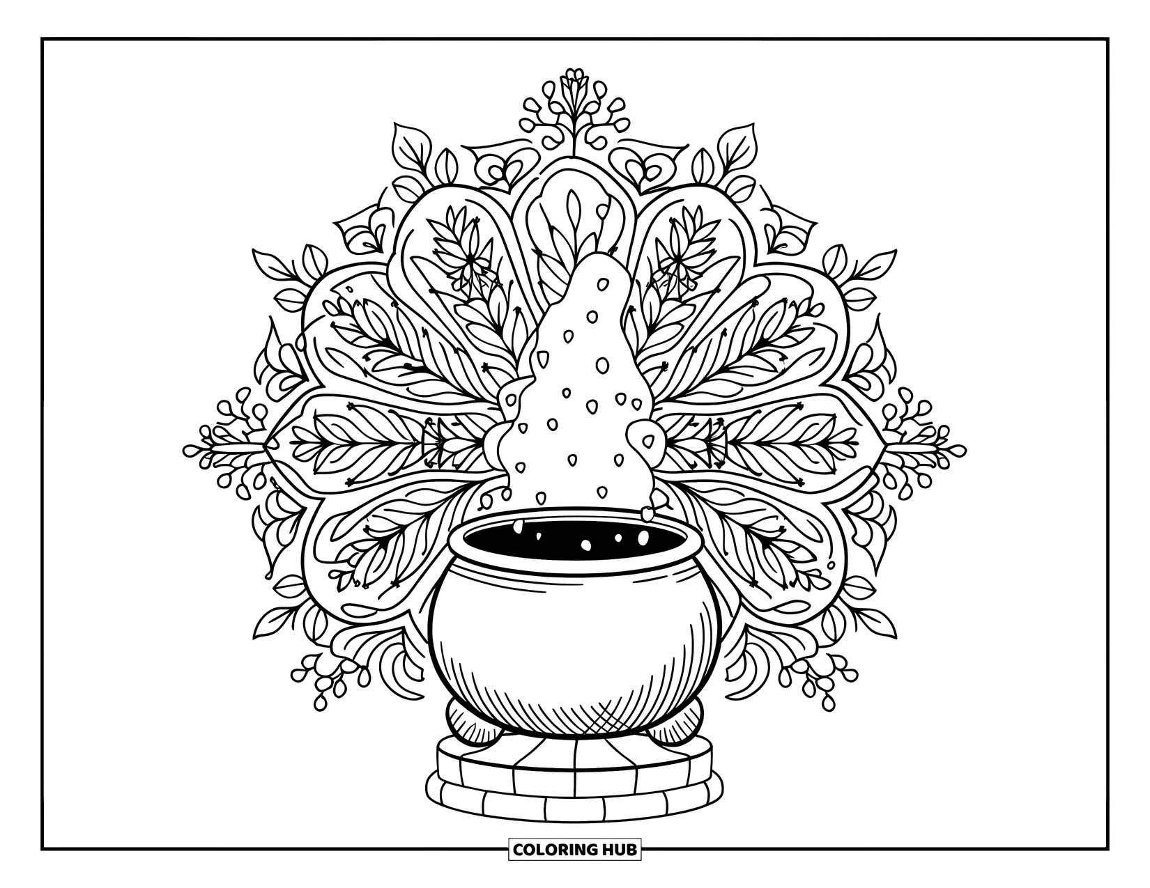Black Coloring Page for Adults: A bubbling cauldron sits at the center of a floral mandala