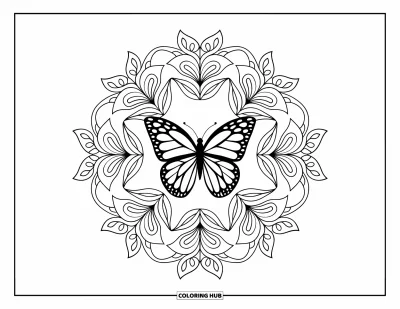 Coloriage noir pour adultes : Un papillon repose au centre d'un mandala floral détaillé