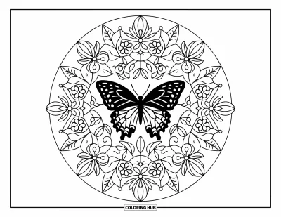 Coloriage noir pour adultes : Un papillon est posé au milieu d'un mandala de fleurs et de vignes