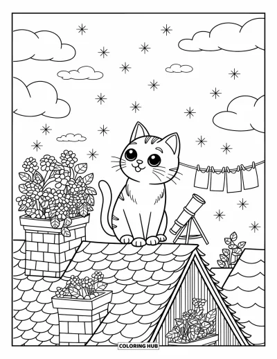 Coloriage noir pour adultes : Un chat est perché sur un toit à côté de cheminées, de plantes et d'un petit télescope