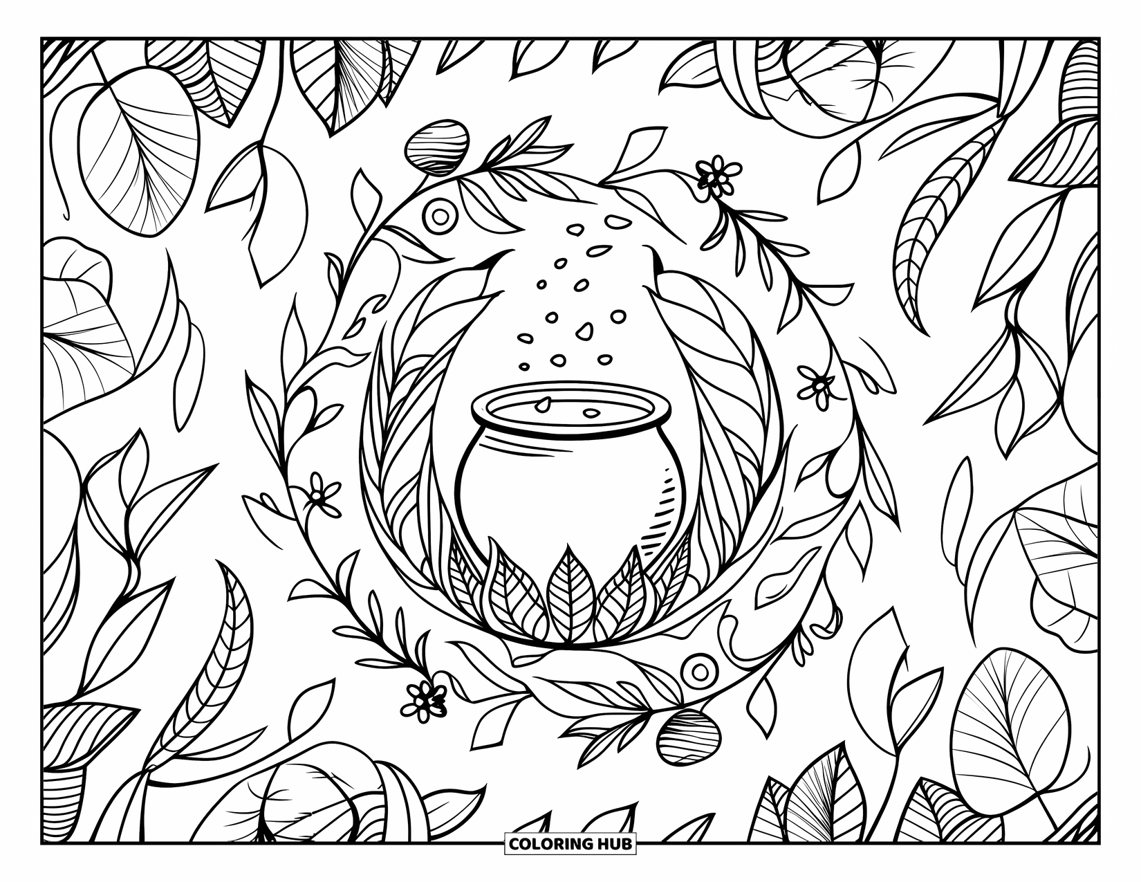Black Coloring Page for Adults: A cauldron rests within a circular mandala of vines and leaves