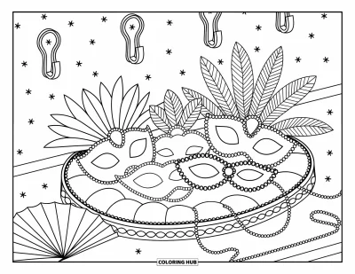 Coloriage noir pour adultes : Une collection de masques avec de la dentelle et des gemmes repose près de perles et d'un éventail