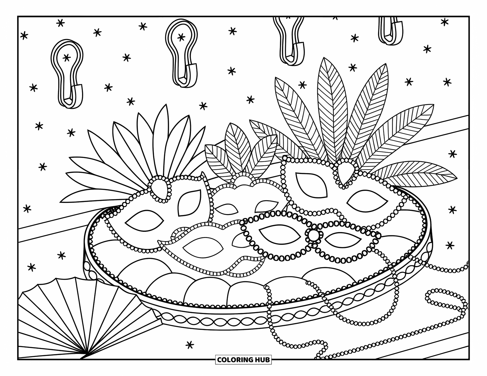 Black Coloring Page for Adults: A collection of masks with lace and gems rests beside pearls and a hand fan