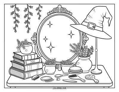 Coloriage noir pour adultes : Une coiffeuse chaleureuse est garnie de grimoires, d'herbes, de miroirs et d'un chapeau de sorcière