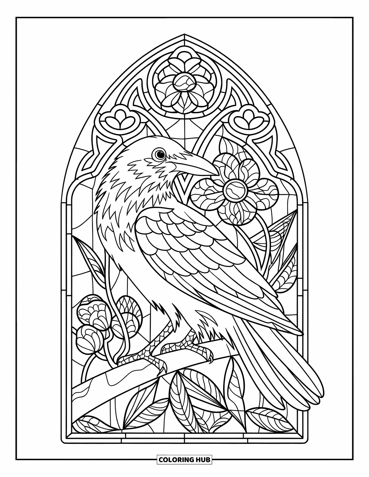 Black Coloring Page for Adults: A crow sits on a branch inside a floral stained glass window