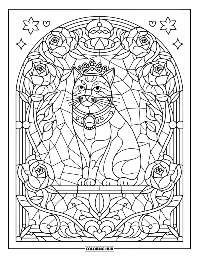 Coloriage noir pour adultes : Un chat couronné se repose devant des vitraux fleuris et des motifs tourbillonnants