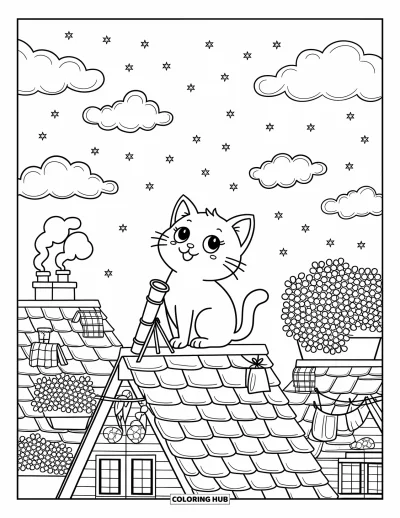 Coloriage noir pour adultes : Un joli chat contemple les étoiles depuis un toit rempli de cheminées et de plantes
