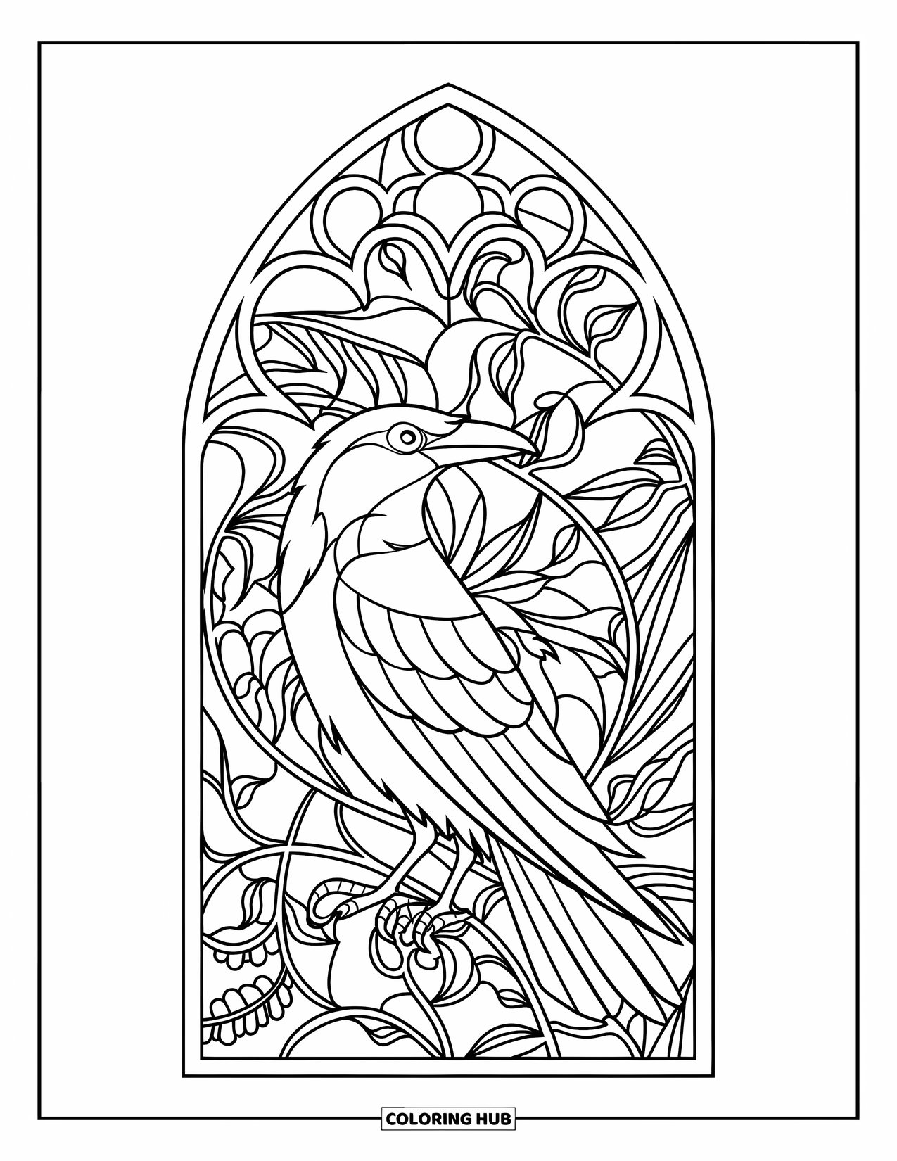 Black Coloring Page for Adults: A gothic crow perches within a stained glass window of flowers and vines