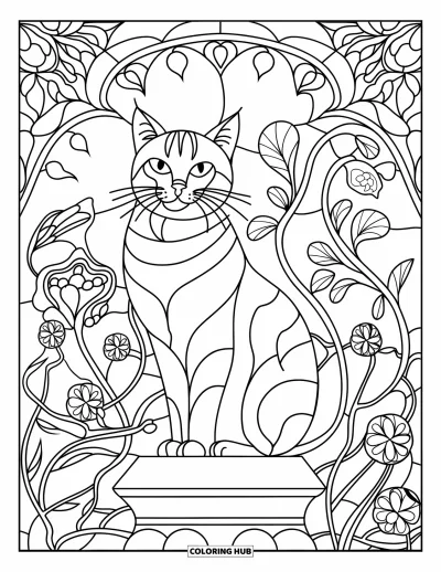 Coloriage noir pour adultes : Un chat majestueux trône fièrement parmi des motifs floraux en vitrail