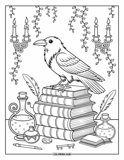 Coloriage noir pour adultes : Un corbeau est posé sur des livres empilés entourés de potions, de clés et de plumes