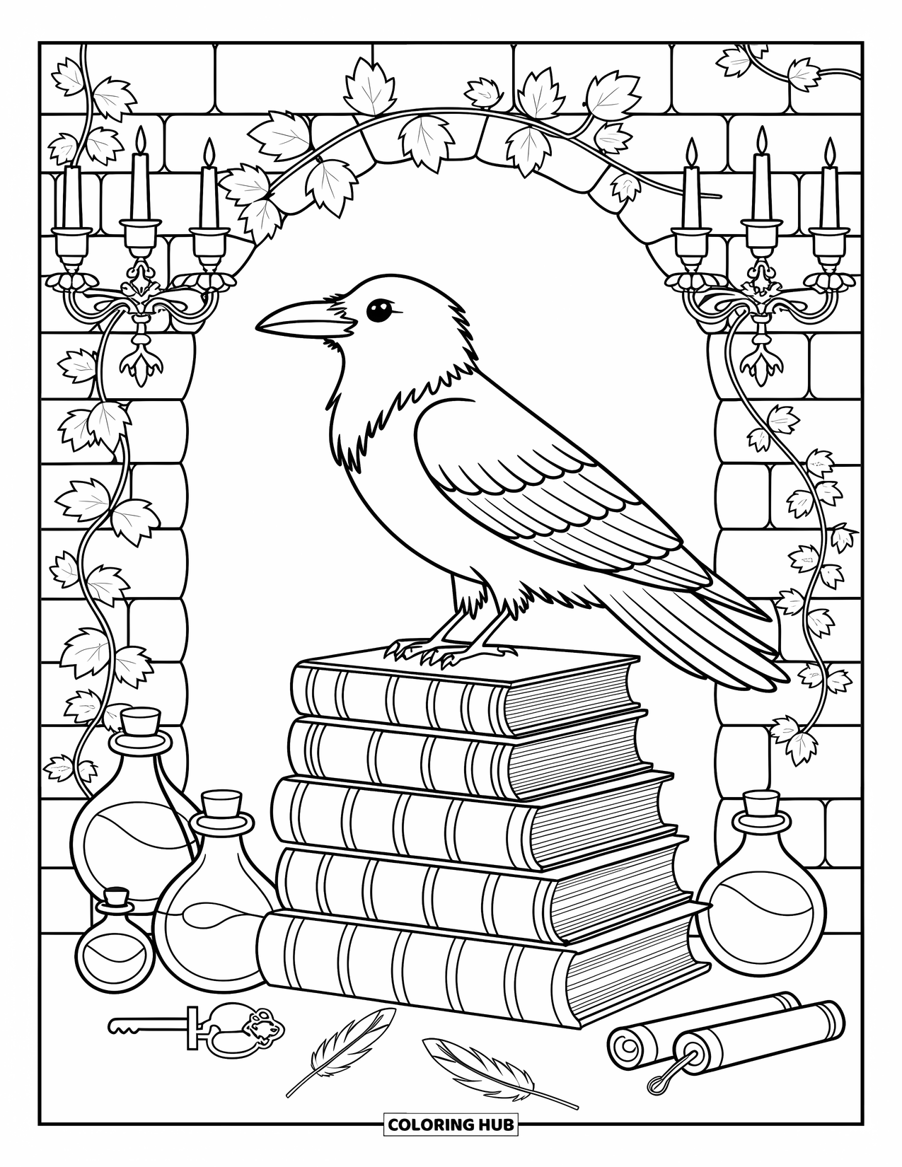 Black Coloring Page for Adults: A raven rests on a stack of books beside potions, scrolls, and ivy vines
