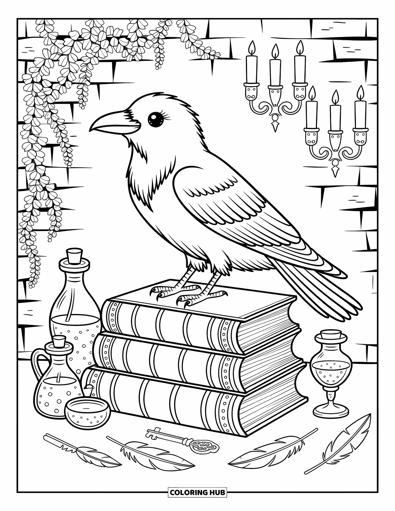 Black Coloring Page for Adults: A raven sits on books with potions, quills, keys, and cascading ivy vines