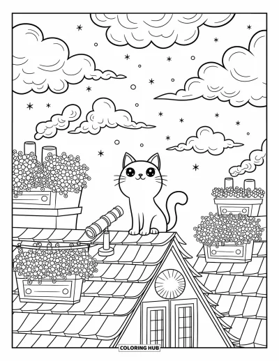 Coloriage noir pour adultes : Un chat sur un toit est assis près de plantes, de cheminées, de cordes à linge et d'un petit télescope