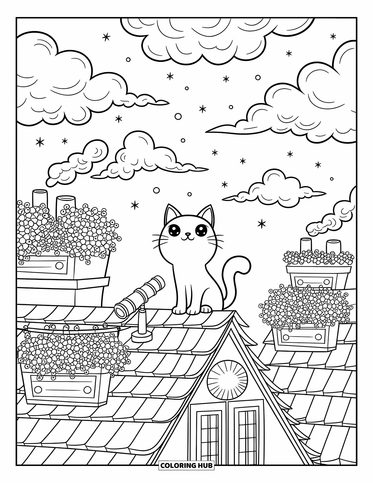 Black Coloring Page for Adults: A rooftop cat sits near plants, chimneys, laundry lines, and a small telescope