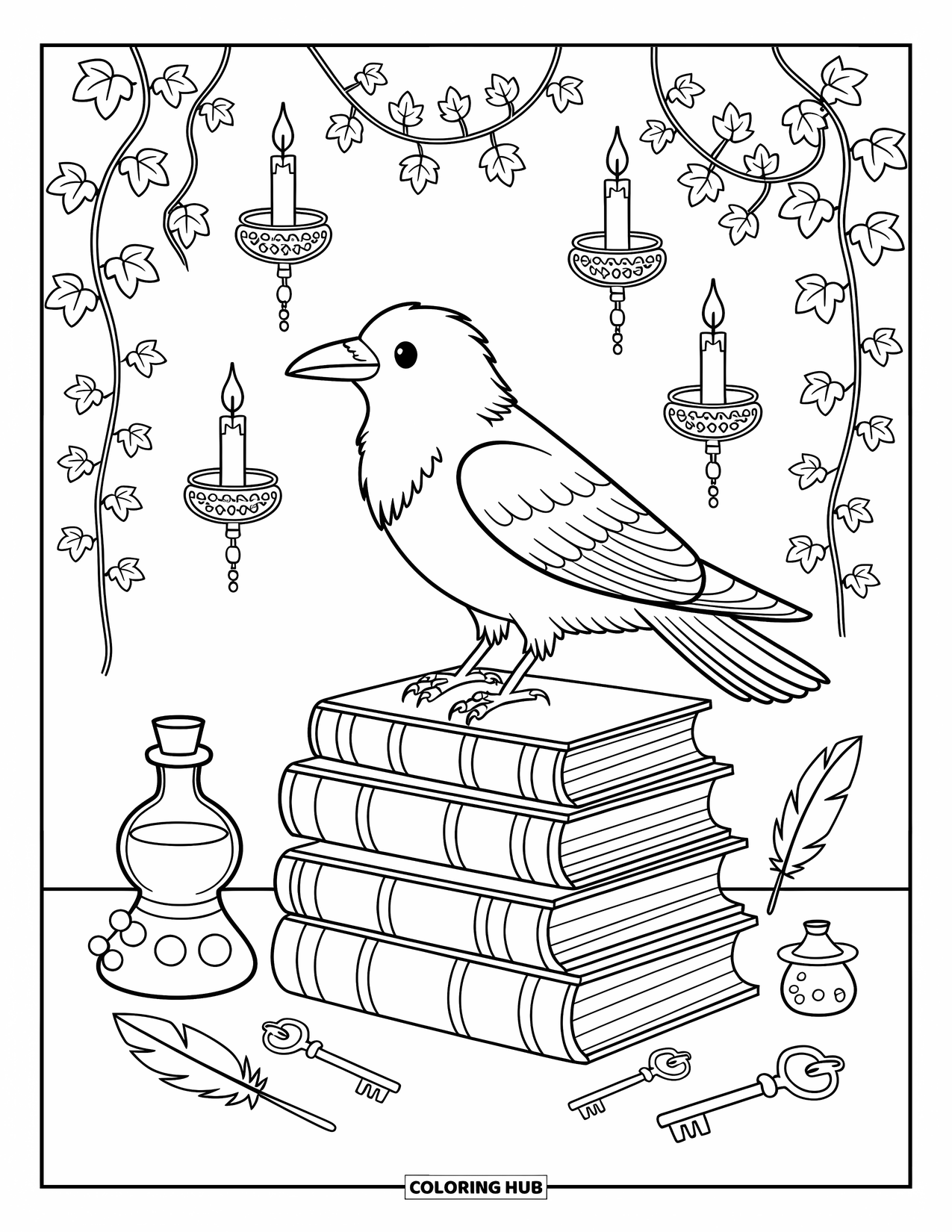 Black Coloring Page for Adults: An elegant raven sits atop old books with potions, keys, and ivy nearby