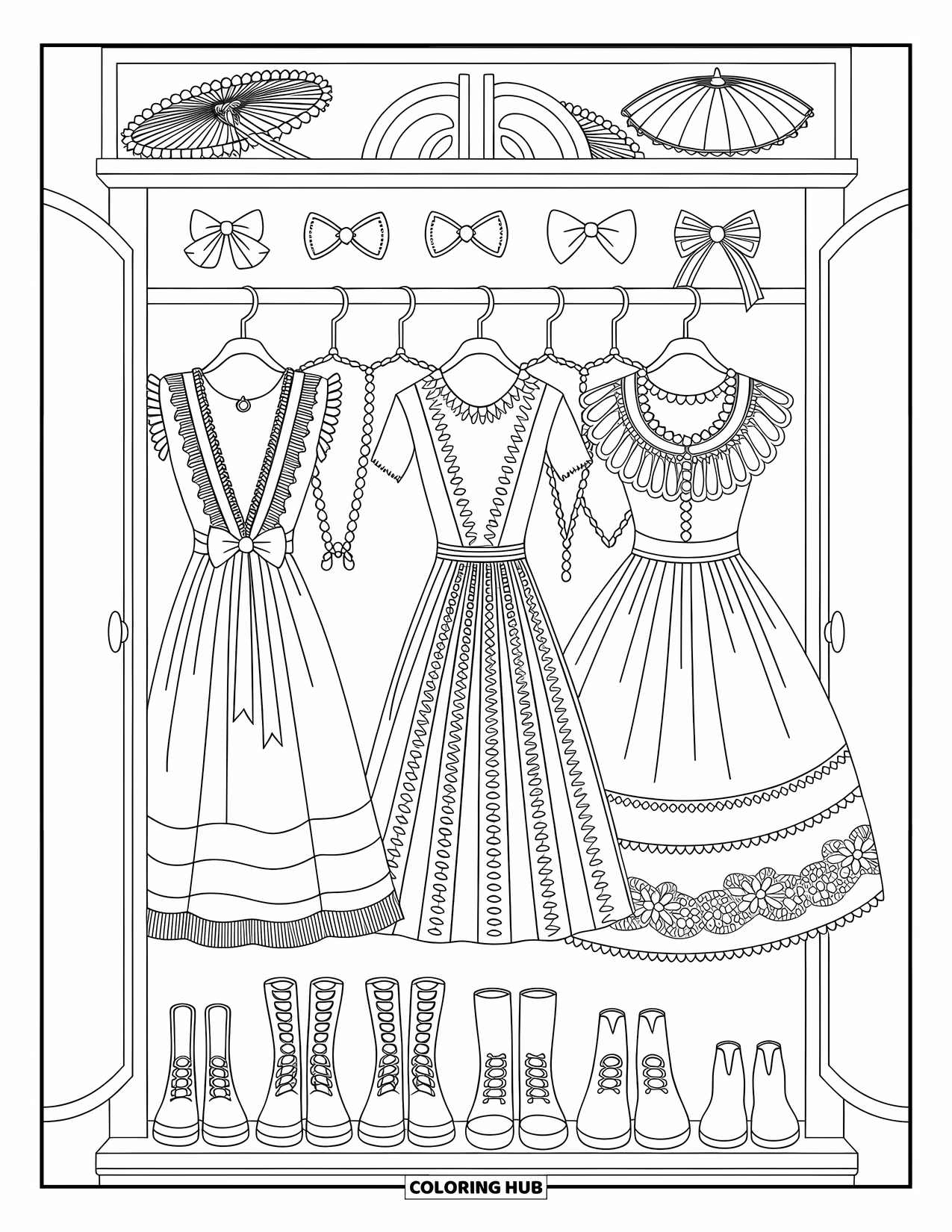Black Coloring Page for Adults: An open wardrobe reveals dresses, ribbons, boots, parasols, pearls, and lace gloves