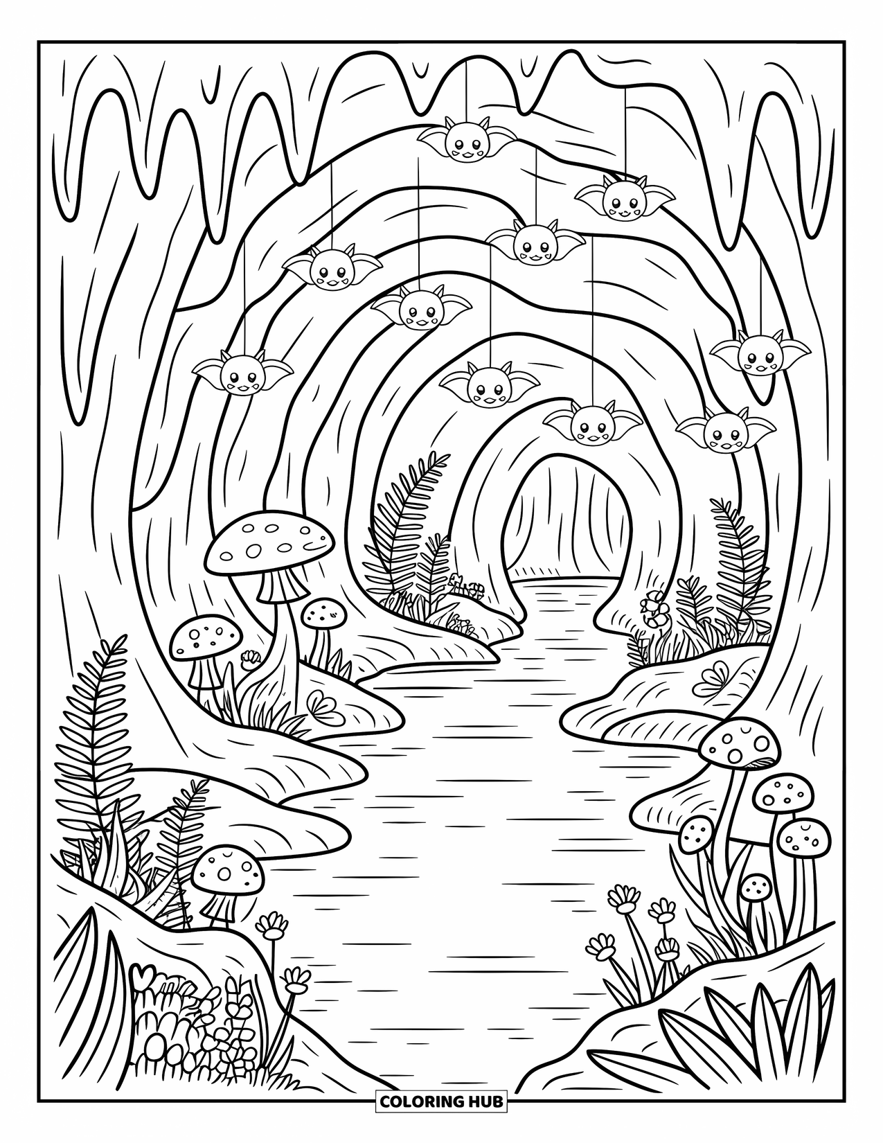 Black Coloring Page for Adults: Bats dangle from a cave ceiling above mushrooms, flowers, and a calm water pool