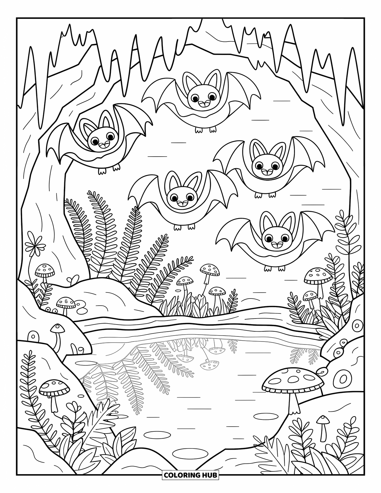 Black Coloring Page for Adults: Bats hang in a softly lit cave with mushrooms, ferns, flowers, and a pool