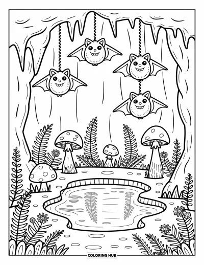 Coloriage noir pour adultes : De mignonnes chauves-souris se reposent dans une grotte illuminée remplie de champignons, de fleurs et d'une eau immobile