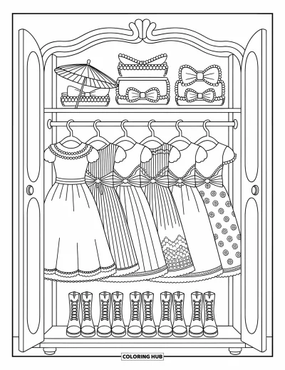 Coloriage noir pour adultes : À l'intérieur d'une armoire ouverte se trouvent des robes élégantes, des bottines soignées, des ombrelles et des gants en dentelle